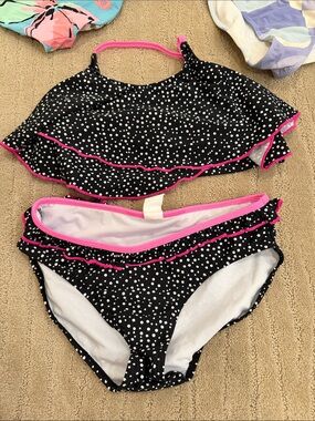 Black Polka Dot Ruffle Bikini Set with Hot Pink Trim